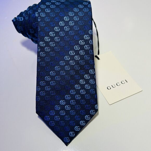 New w 🏷️ Genuine GUCCI Blue “GG” Logo Silk Tie 59x2.75” Slim - Picture 1 of 12